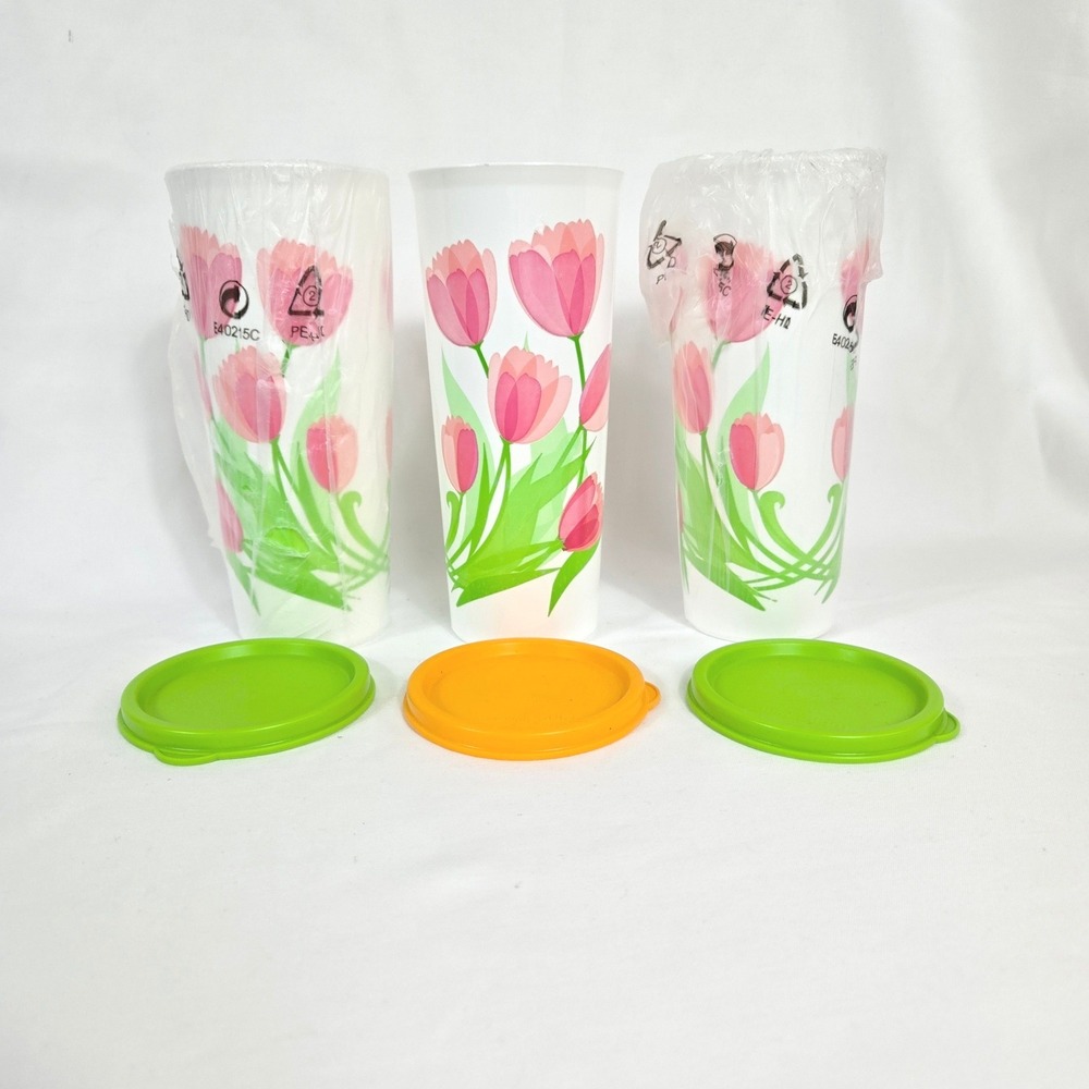 Tupperware Springtime Tulip Limited Edition 16oz‎ 3 Piece Tumblers #5107 NEW Vtg